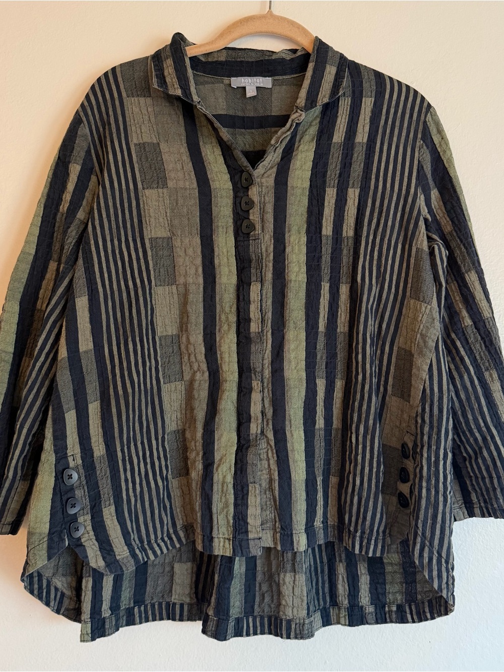 Habitat Clothing to Live In Textured Striped Button Front Tunic in Olive & Black